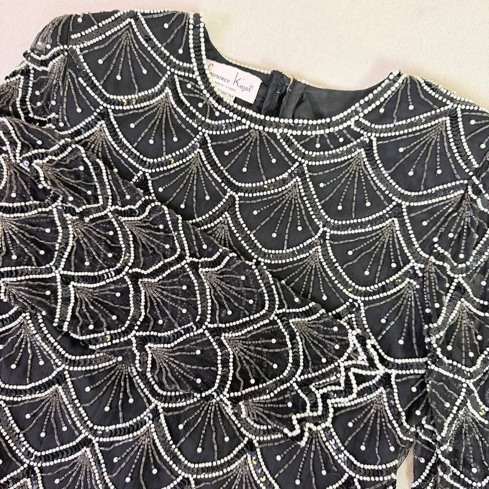 Vintage Laurence Kazar Silk Beaded Scallop Fish Scale Art Deco Blouse Women's M